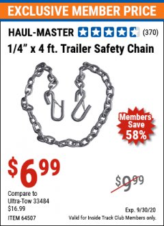 Harbor Freight ITC Coupon 1/4" X 4 FT. TRAILER SAFETY CHAIN Lot No. 64507 Expired: 9/30/20 - $6.99