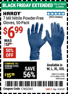 Harbor Freight Coupon 7 MIL NITRILE POWDER-FREE Lot No. 61773, 68506, 61774, 68504, 57158, 68505 Expired: 12/3/23 - $6.99