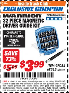 Harbor Freight ITC Coupon 32 PIECE MAGNETIC DRIVER GUIDE KIT Lot No. 68515 Expired: 8/31/19 - $3.99