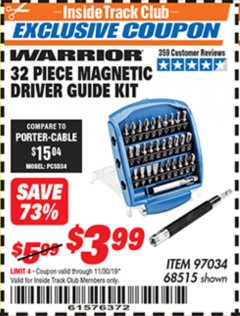 Harbor Freight ITC Coupon 32 PIECE MAGNETIC DRIVER GUIDE KIT Lot No. 68515 Expired: 11/30/19 - $3.99