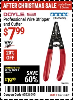 Harbor Freight Coupon DOYLE PROFESSIONAL WIRE STRIPPER AND CUTTER Lot No. 57781 Expired: 1/7/24 - $7.99