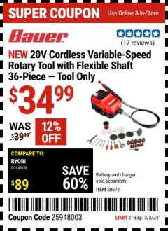 Harbor Freight Coupon 20V CORDLESS VARIABLE-SPEED ROTARY TOOL WITH FLEXIBLE SHAFT 36-PIECE - TOOL ONLY Lot No. 58672 Valid Thru: 3/3/24 - $34.99
