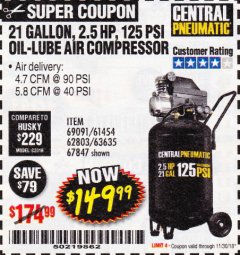 Harbor Freight Coupon 2.5 HP, 21 GALLON 125 PSI VERTICAL AIR COMPRESSOR Lot No. 67847/61454/61693/69091/62803/63635 Expired: 11/30/18 - $149.99