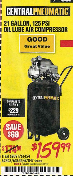 Harbor Freight Coupon 2.5 HP, 21 GALLON 125 PSI VERTICAL AIR COMPRESSOR Lot No. 67847/61454/61693/69091/62803/63635 Expired: 4/30/19 - $159.99