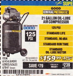 Harbor Freight Coupon 2.5 HP, 21 GALLON 125 PSI VERTICAL AIR COMPRESSOR Lot No. 67847/61454/61693/69091/62803/63635 Expired: 7/31/19 - $159.99