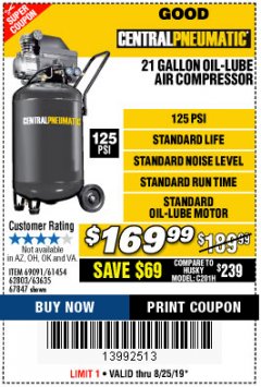 Harbor Freight Coupon 2.5 HP, 21 GALLON 125 PSI VERTICAL AIR COMPRESSOR Lot No. 67847/61454/61693/69091/62803/63635 Expired: 8/25/19 - $169.99