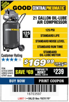 Harbor Freight Coupon 2.5 HP, 21 GALLON 125 PSI VERTICAL AIR COMPRESSOR Lot No. 67847/61454/61693/69091/62803/63635 Expired: 10/31/19 - $169.99