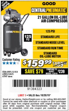 Harbor Freight Coupon 2.5 HP, 21 GALLON 125 PSI VERTICAL AIR COMPRESSOR Lot No. 67847/61454/61693/69091/62803/63635 Expired: 10/20/19 - $159.99