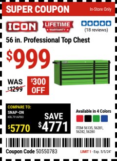 Harbor Freight Coupon 56 IN. PROFESSIONAL TOP CHEST Lot No. 56135, 56281, 56282, 56280 Expired: 5/5/24 - $999