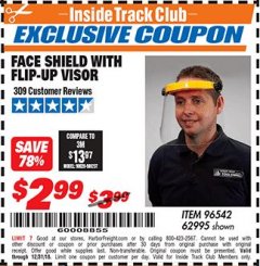 Harbor Freight ITC Coupon FACE SHIELD WITH FLIP-UP VISOR Lot No. 62995/96542 Expired: 12/31/18 - $2.99