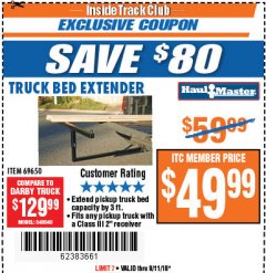Harbor Freight ITC Coupon TRUCK BED EXTENDER Lot No. 69650 Expired: 9/11/18 - $49.99