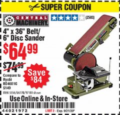 Harbor Freight Coupon 4" X 36" BELT/6" DISC SANDER Lot No. 64778/97181/5154 Expired: 9/21/20 - $64.99