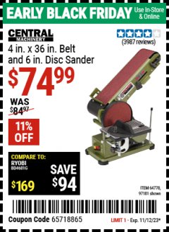 Harbor Freight Coupon 4" X 36" BELT/6" DISC SANDER Lot No. 64778/97181/5154 Expired: 11/12/23 - $74.99