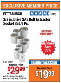Harbor Freight ITC Coupon 9 PIECE 3/8" DRIVE BOLT EXTRACTOR SOCKET SETS Lot No. 67897/67894 Expired: 12/3/20 - $19.99