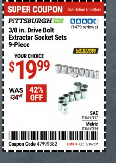 Harbor Freight Coupon 9 PIECE 3/8" DRIVE BOLT EXTRACTOR SOCKET SETS Lot No. 67897/67894 Expired: 9/10/23 - $19.99