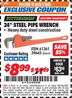 Harbor Freight ITC Coupon 24" STEEL PIPE WRENCH Lot No. 61361/39645 Expired: 6/30/18 - $8.99