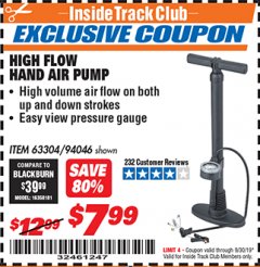 Harbor Freight ITC Coupon HIGH FLOW HAND AIR PUMP Lot No. 63304/94046 Expired: 9/30/19 - $7.99