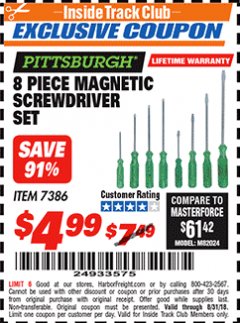Harbor Freight ITC Coupon 8 PIECE MAGNETIC SCREWDRIVER SET Lot No. 7386 Expired: 8/31/18 - $4.99