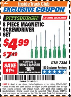 Harbor Freight ITC Coupon 8 PIECE MAGNETIC SCREWDRIVER SET Lot No. 7386 Expired: 12/31/18 - $4.99