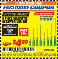 Harbor Freight ITC Coupon 8 PIECE MAGNETIC SCREWDRIVER SET Lot No. 7386 Expired: 5/31/19 - $4.99