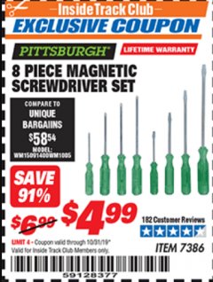 Harbor Freight ITC Coupon 8 PIECE MAGNETIC SCREWDRIVER SET Lot No. 7386 Expired: 10/31/19 - $4.99