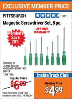 Harbor Freight ITC Coupon 8 PIECE MAGNETIC SCREWDRIVER SET Lot No. 7386 Expired: 10/31/20 - $4.99