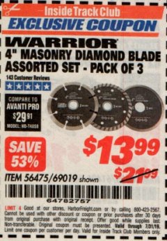 Harbor Freight ITC Coupon 3 PIECE 4" ASSORTED DIAMOND BLADES FOR MASONRY Lot No. 61893/69019 Expired: 7/31/19 - $13.99