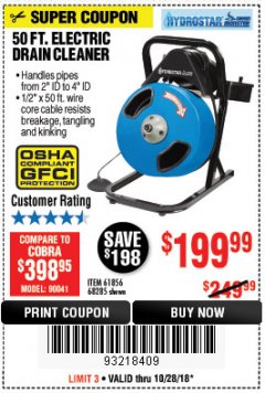 Harbor Freight Coupon 50 FT. ELECTRIC DRAIN CLEANER Lot No. 68285/61856 Expired: 10/28/18 - $199.99
