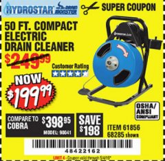 Harbor Freight Coupon 50 FT. ELECTRIC DRAIN CLEANER Lot No. 68285/61856 Expired: 5/4/19 - $199.99