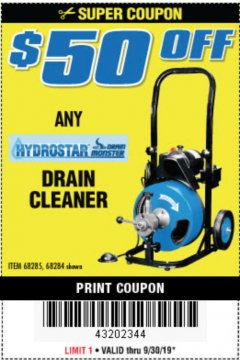 Harbor Freight Coupon 50 FT. ELECTRIC DRAIN CLEANER Lot No. 68285/61856 Expired: 9/30/19 - $0