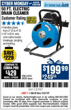 Harbor Freight Coupon 50 FT. ELECTRIC DRAIN CLEANER Lot No. 68285/61856 Expired: 12/2/19 - $199.99