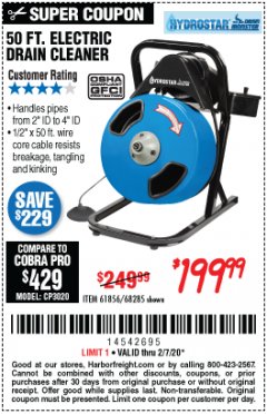 Harbor Freight Coupon 50 FT. ELECTRIC DRAIN CLEANER Lot No. 68285/61856 Expired: 2/7/20 - $199.99