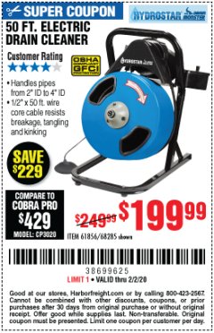 Harbor Freight Coupon 50 FT. ELECTRIC DRAIN CLEANER Lot No. 68285/61856 Expired: 2/2/20 - $199.99