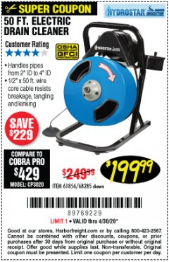 Harbor Freight Coupon 50 FT. ELECTRIC DRAIN CLEANER Lot No. 68285/61856 Expired: 6/30/20 - $199.99