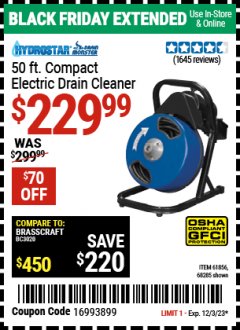 Harbor Freight Coupon 50 FT. ELECTRIC DRAIN CLEANER Lot No. 68285/61856 Expired: 12/3/23 - $229.99