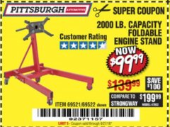Harbor Freight Coupon 2000 LB. FOLDABLE ENGINE STAND Lot No. 69522/67015/69521 Expired: 8/27/18 - $99.99