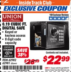 Harbor Freight ITC Coupon 0.19 CUBIC FT. ELECTRONIC DIGITAL SAFE Lot No. 62240/94985/62982/62981 Expired: 9/30/19 - $22.99