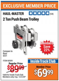 Harbor Freight ITC Coupon 2 TON PUSH BEAM TROLLEY Lot No. 40493/60509 Expired: 12/3/20 - $69.99