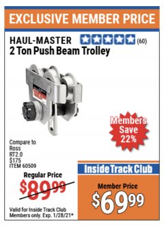 Harbor Freight ITC Coupon 2 TON PUSH BEAM TROLLEY Lot No. 40493/60509 Expired: 1/28/21 - $69.99