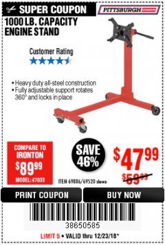 Harbor Freight Coupon 1000 LB. CAPACITY ENGINE STAND Lot No. 32916/69886/69520 Expired: 12/23/18 - $47.99