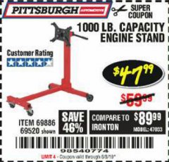 Harbor Freight Coupon 1000 LB. CAPACITY ENGINE STAND Lot No. 32916/69886/69520 Expired: 6/8/19 - $47.99