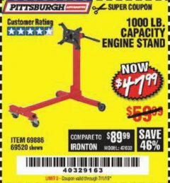 Harbor Freight Coupon 1000 LB. CAPACITY ENGINE STAND Lot No. 32916/69886/69520 Expired: 7/1/19 - $47.99