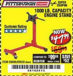 Harbor Freight Coupon 1000 LB. CAPACITY ENGINE STAND Lot No. 32916/69886/69520 Expired: 8/5/19 - $47.99