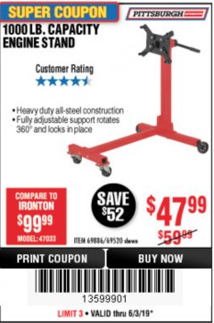 Harbor Freight Coupon 1000 LB. CAPACITY ENGINE STAND Lot No. 32916/69886/69520 Expired: 6/30/19 - $47.99