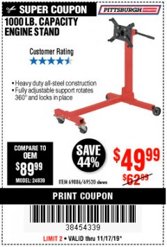 Harbor Freight Coupon 1000 LB. CAPACITY ENGINE STAND Lot No. 32916/69886/69520 Expired: 11/17/19 - $49.99