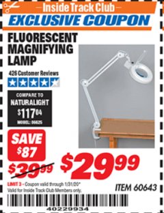 Harbor Freight ITC Coupon FLUORESCENT MAGNIFYING LAMP Lot No. 60643, 66384, 34018 Expired: 1/31/20 - $29.99