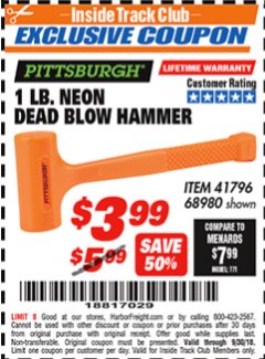Harbor Freight ITC Coupon 1 LB. NEON DEAD BLOW HAMMER Lot No. 41796/68980 Expired: 9/30/18 - $3.99