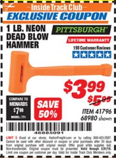 Harbor Freight ITC Coupon 1 LB. NEON DEAD BLOW HAMMER Lot No. 41796/68980 Expired: 5/31/19 - $3.99