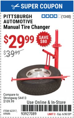 Harbor Freight Coupon TIRE CHANGERS Lot No. 62317/69686 Expired: 6/30/20 - $29.99
