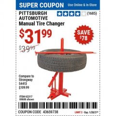 Harbor Freight Coupon TIRE CHANGERS Lot No. 62317/69686 Expired: 1/28/21 - $31.99